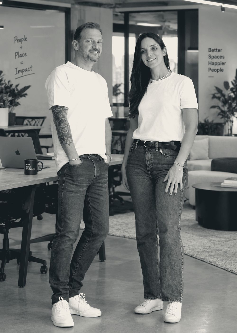 Mohamed Sahily and Maya Salah in the studio, in front of the People plus Place equals Impact wall